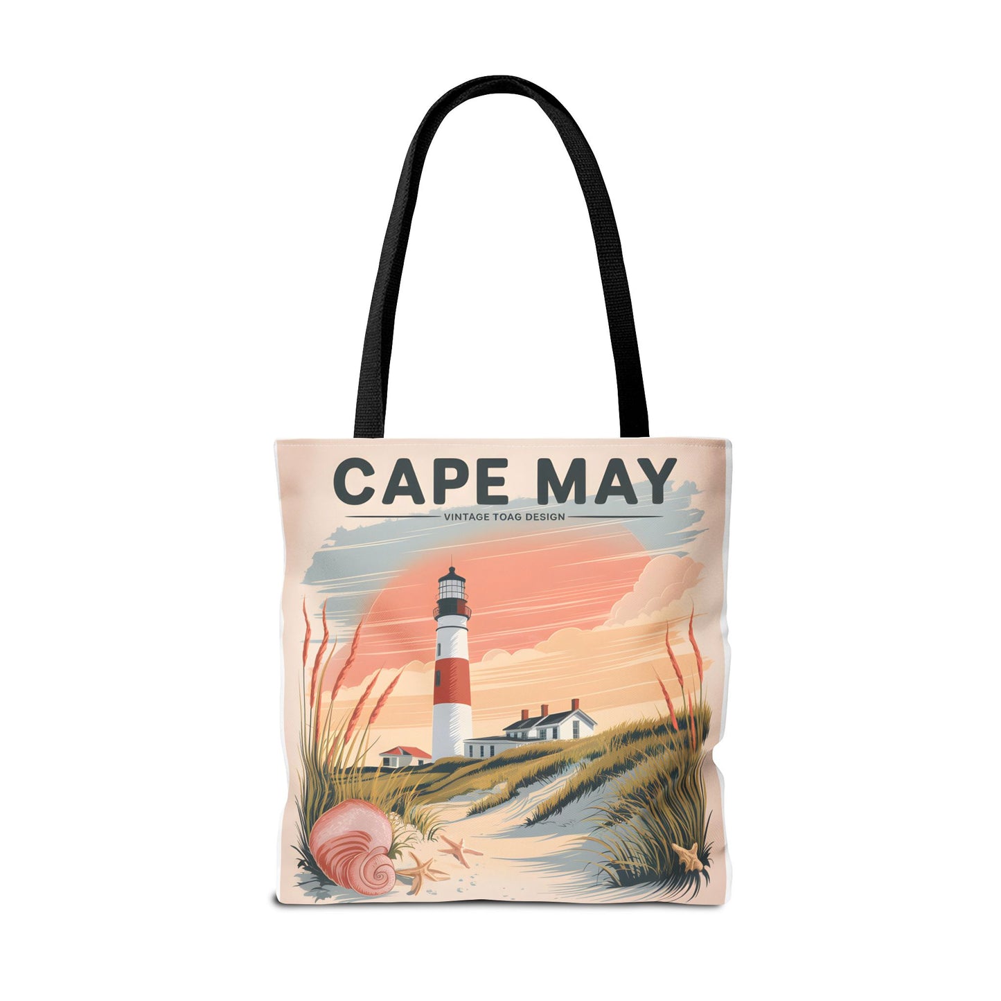 Cape May Vintage Tote Bag Lighthouse Beach Design All Over Print Gift Apparel