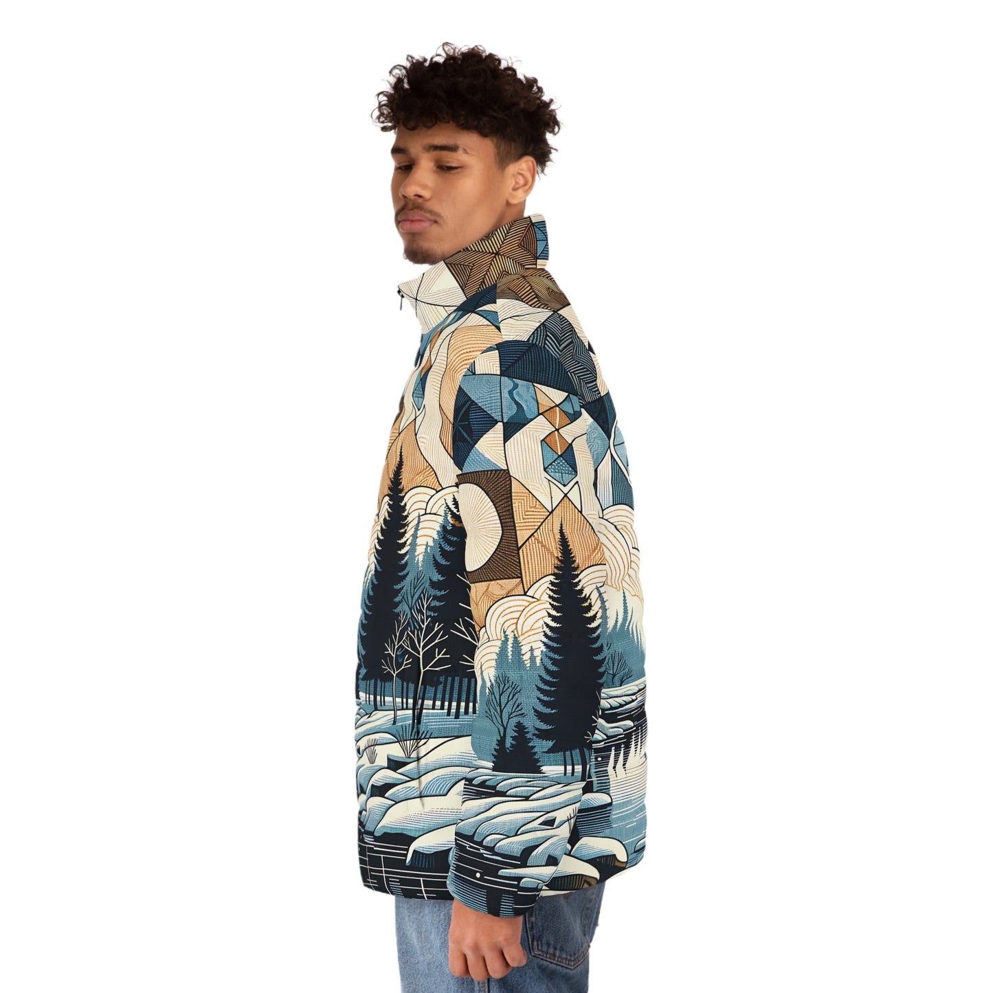 Men's Geometric Winter Puffer Jacket - Snowy River Landscape Full-Zip Ski, Hike & Apres Coat