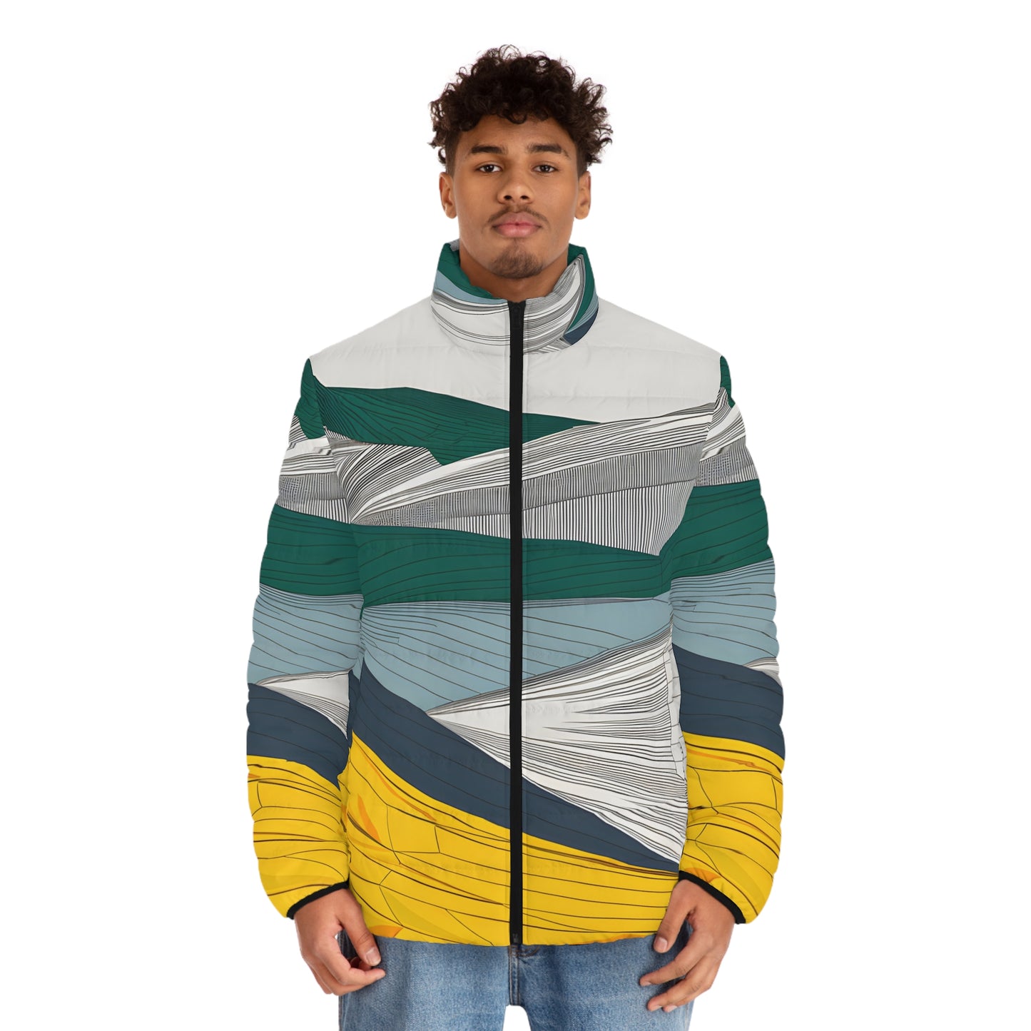 Northern Lines Puffer Jacket Stylish Outdoor Apparel Unique Print Design