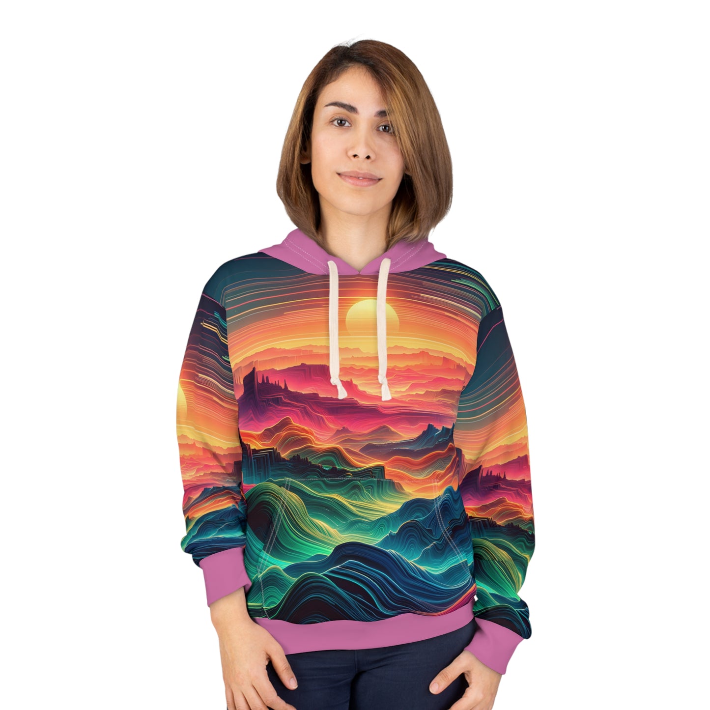 Desert-Inspired Hoodie with Psychedelic Sunset and Vibrant Patterns