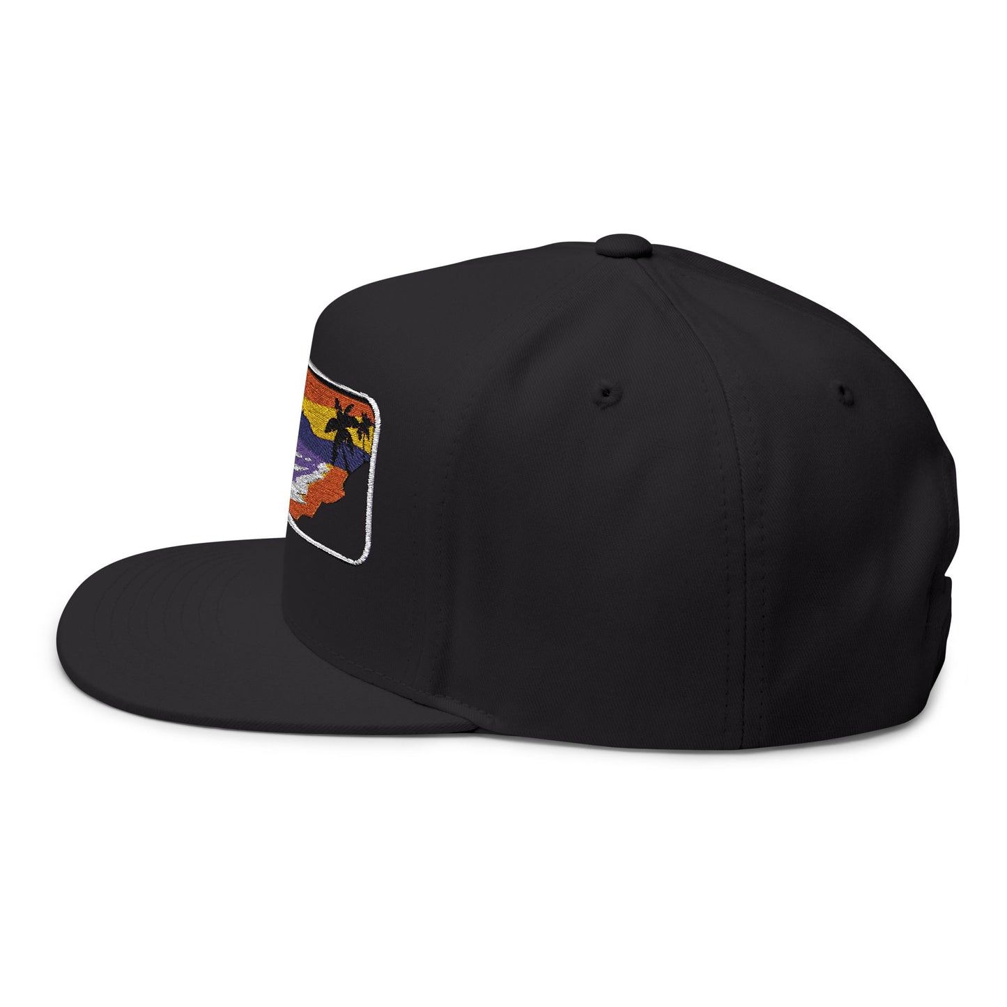 Ocean Beach Flat Bill Hat with Sunset and Palm Trees Design Cap