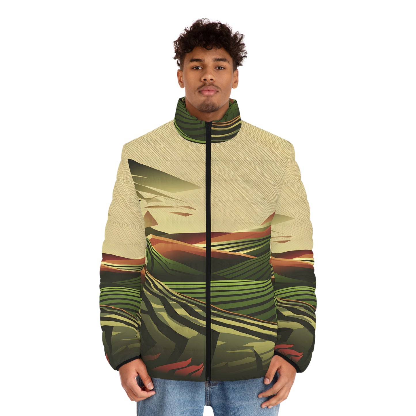Structured Horizon Puffer Jacket Men’s Outdoor Wear Warm Zip Nature Art Design