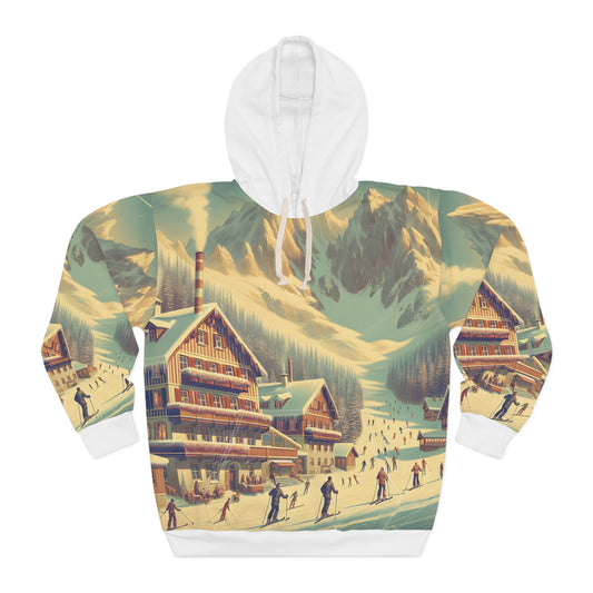 Vintage Ski Resort Hoodie Unisex Pullover Retro Mountain Cabin Winter Print