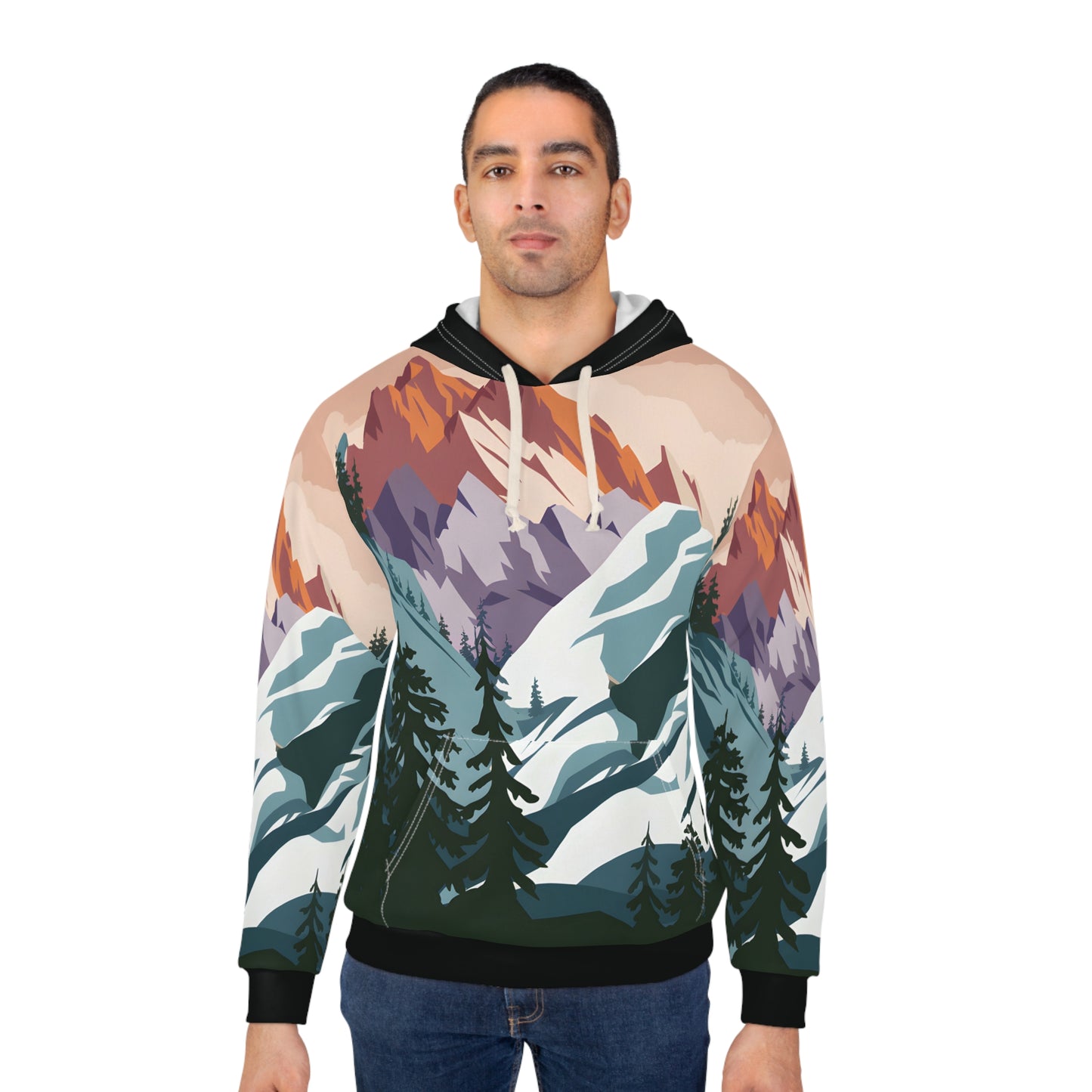 Snow Peaks All Over Print Hoodie Scenic Mountain Outdoor Adventure Apparel
