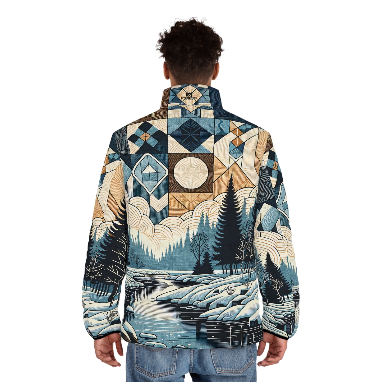 Men's Geometric Winter Puffer Jacket - Snowy River Landscape Full-Zip Ski, Hike & Apres Coat