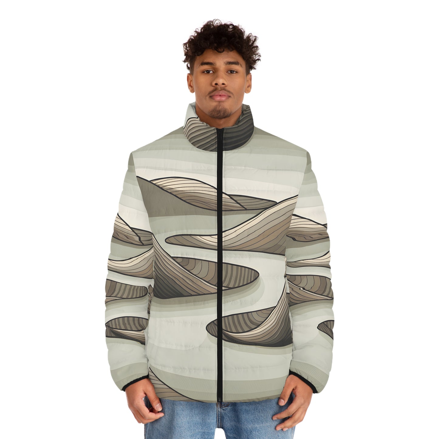 Puffer Jacket All Over Print Earth Tone Design Outdoor Adventure Windproof Zip