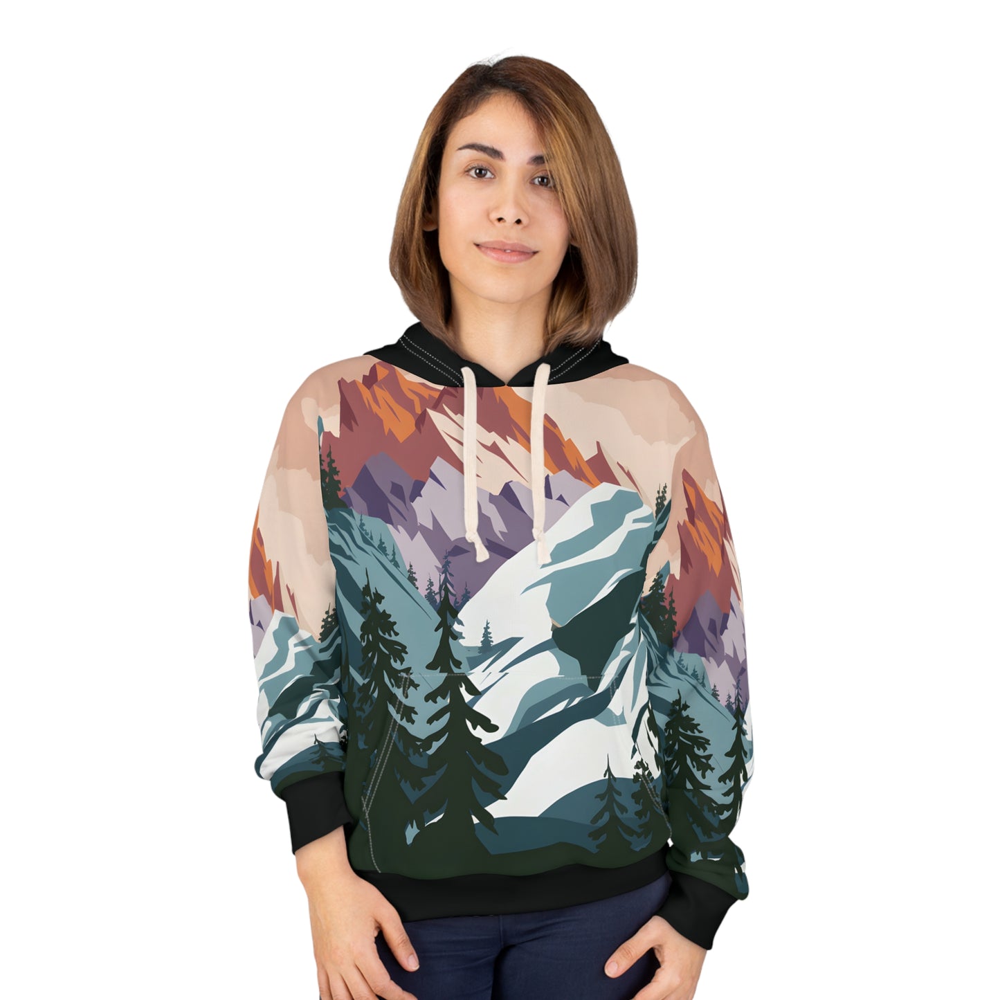 Snow Peaks All Over Print Hoodie Scenic Mountain Outdoor Adventure Apparel