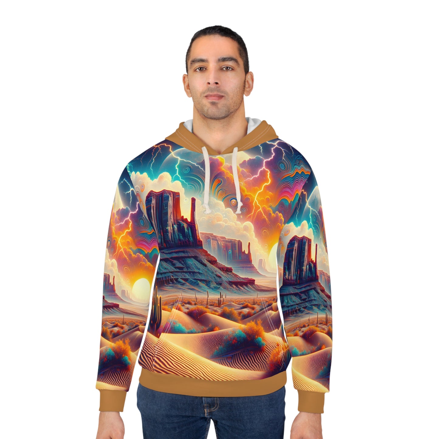Desert-Inspired All-Over Print Hoodie with Psychedelic Sunset Design