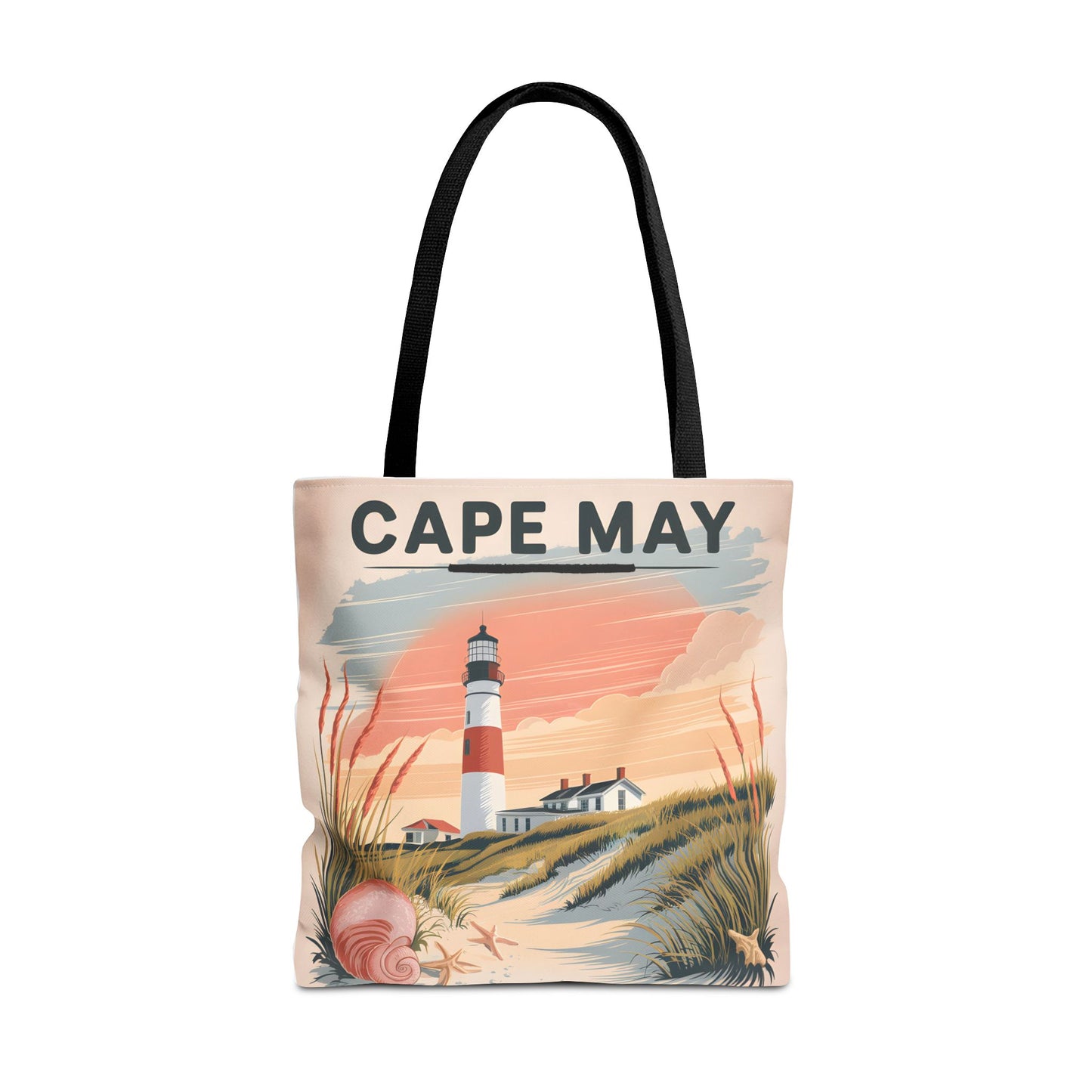 Cape May Vintage Tote Bag Lighthouse Beach Design All Over Print Gift Apparel