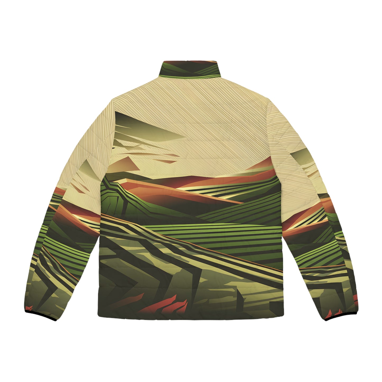 Structured Horizon Puffer Jacket Men’s Outdoor Wear Warm Zip Nature Art Design