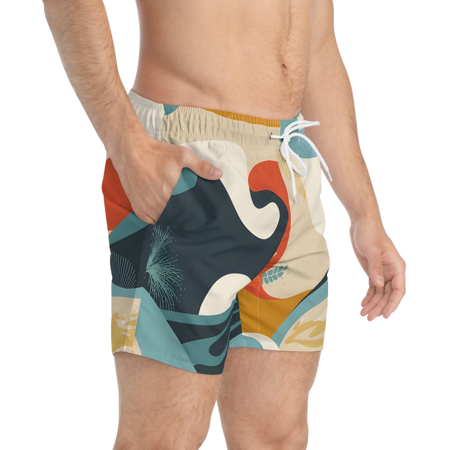 Men’s Surf Swim Trunks Light Watercolor Wave Print Beach Board Shorts