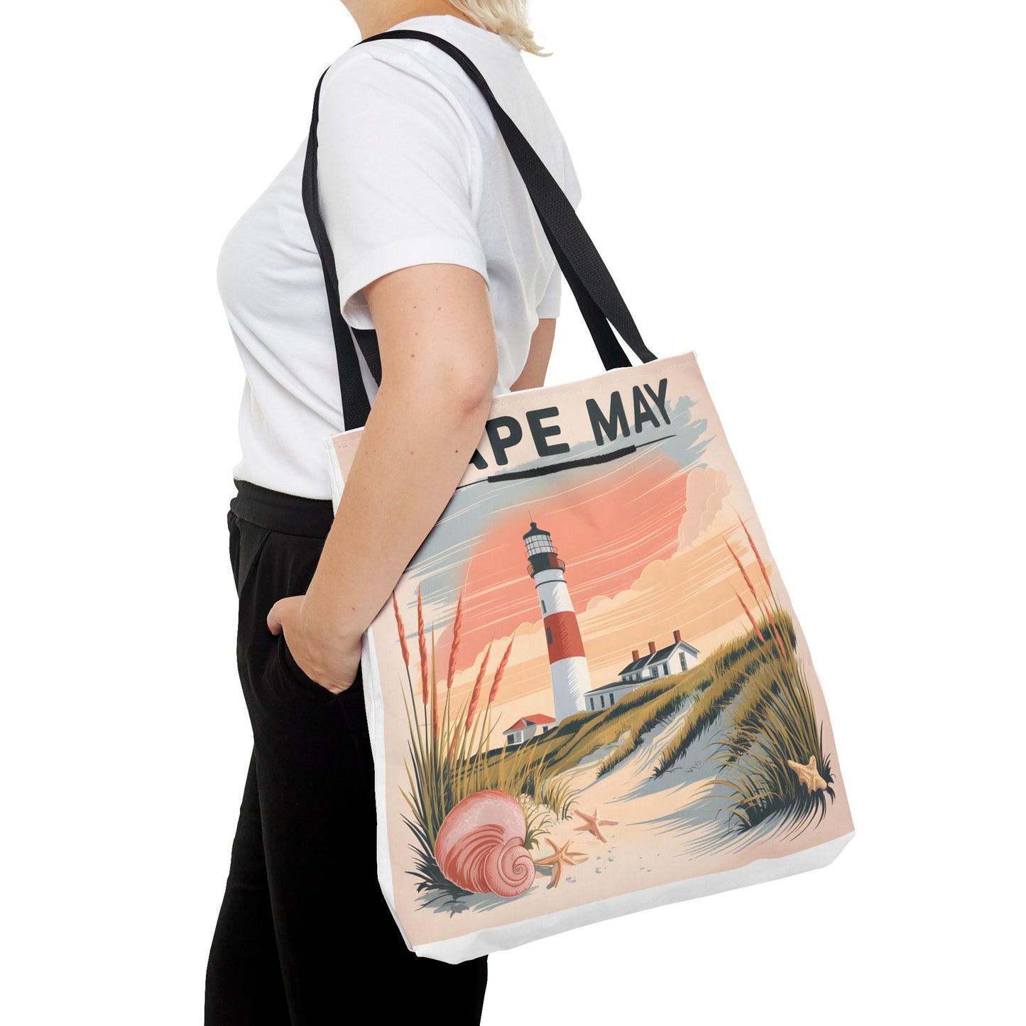 Cape May Vintage Tote Bag Lighthouse Beach Design All Over Print Gift Apparel