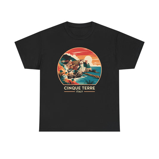 Cinque Terre  Graphic Style Coastal Sunset T-Shirt  Italy Village Design