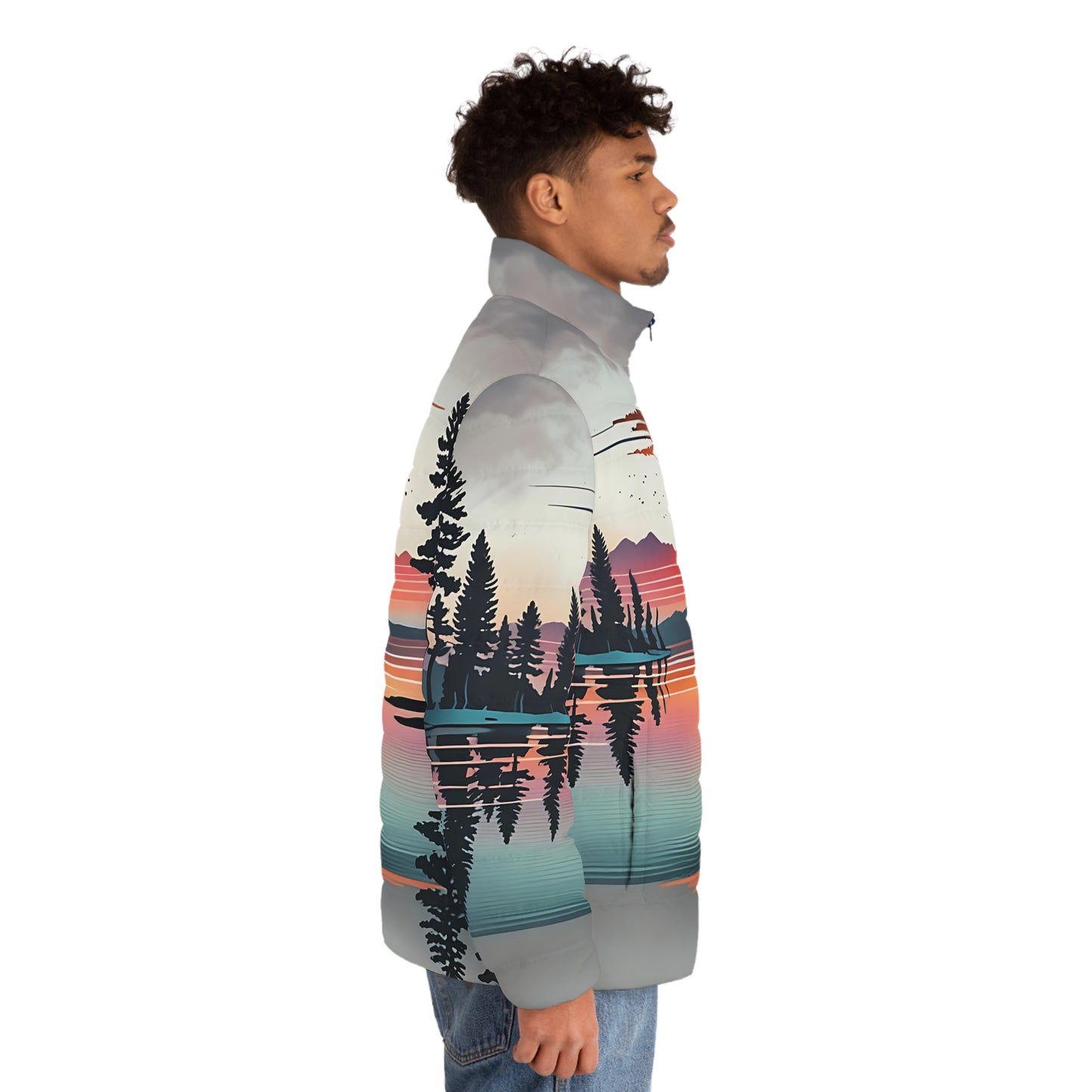 Sunset Landscape Puffer Jacket, Nature Graphic Zip-Up Men's Outerwear, Mountain Print Winter Coat, Outdoor Adventure Apparel, Scenic Sunset