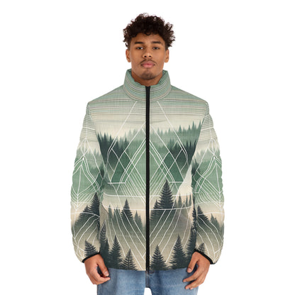 Forest Puffer Jacket - Adult All Over Print Geometric Graphic  Full-Zip Winter Outdoor Adventure Coat Ski Hike Camp