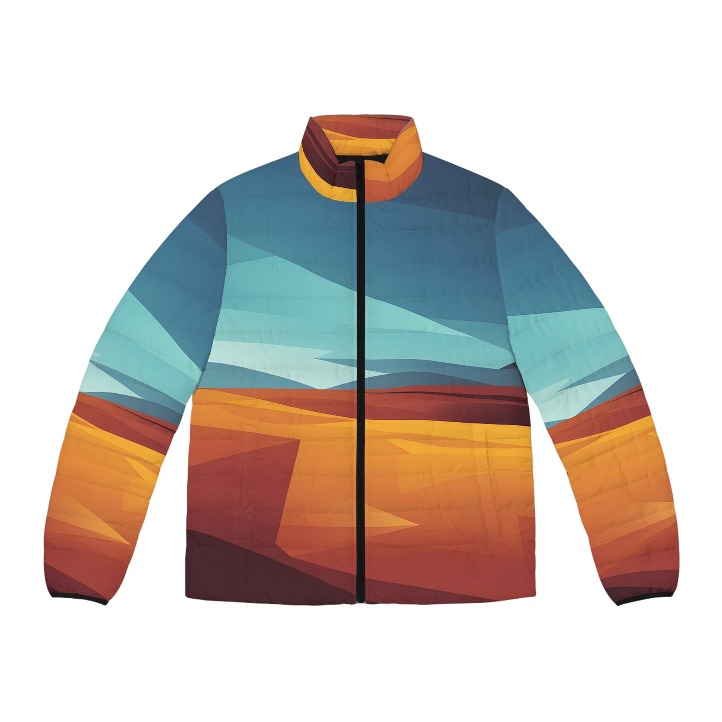 Puffer Jacket for Outdoor Adventures in Horizon Lines Artwork Design Warm Winter