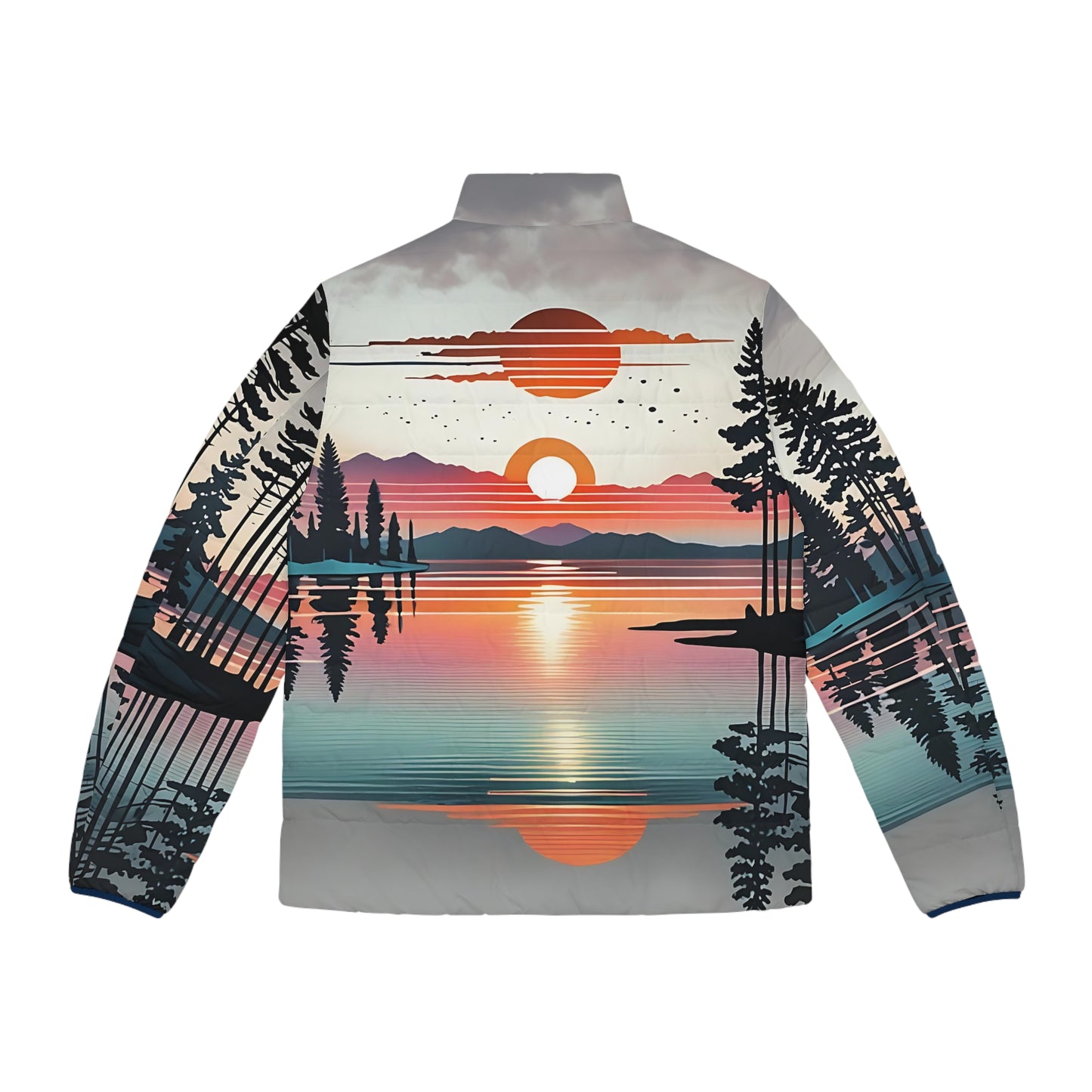 Sunset Landscape Puffer Jacket, Nature Graphic Zip-Up Men's Outerwear, Mountain Print Winter Coat, Outdoor Adventure Apparel, Scenic Sunset