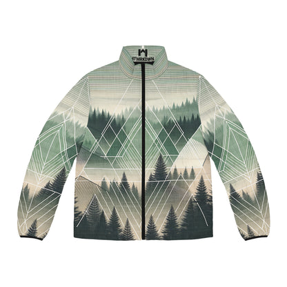 Forest Puffer Jacket - Adult All Over Print Geometric Graphic  Full-Zip Winter Outdoor Adventure Coat Ski Hike Camp