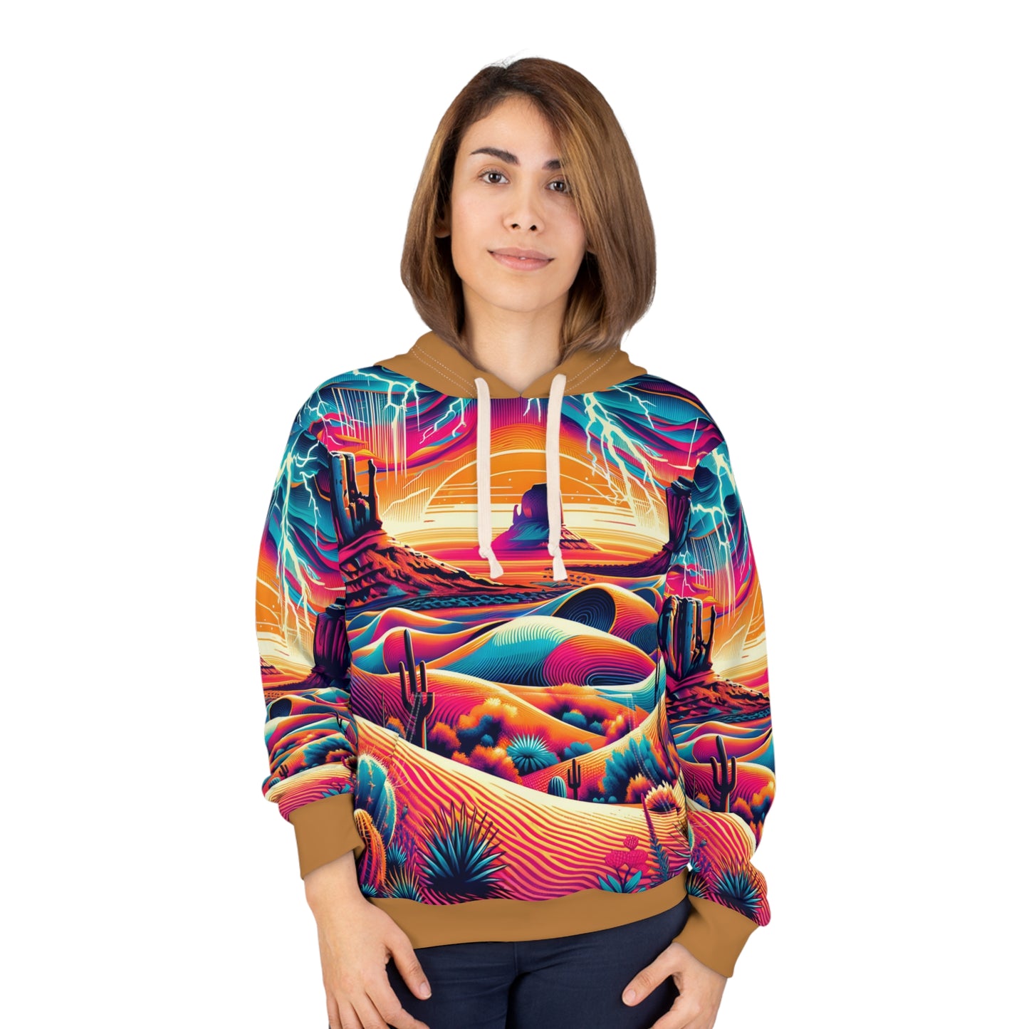 Desert-Inspired Hoodie with Psychedelic Sunset and Abstract Patterns