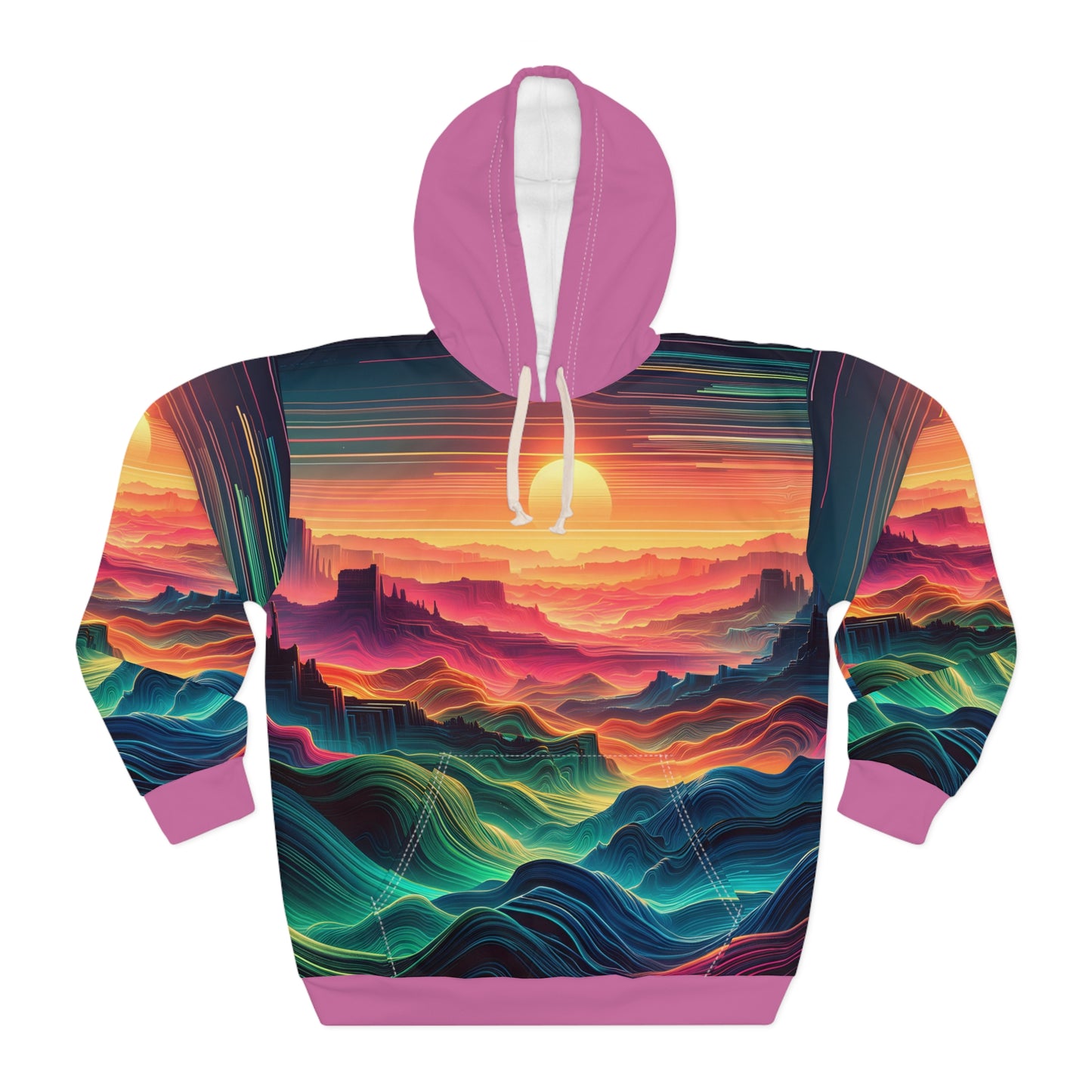 Desert-Inspired Hoodie with Psychedelic Sunset and Vibrant Patterns