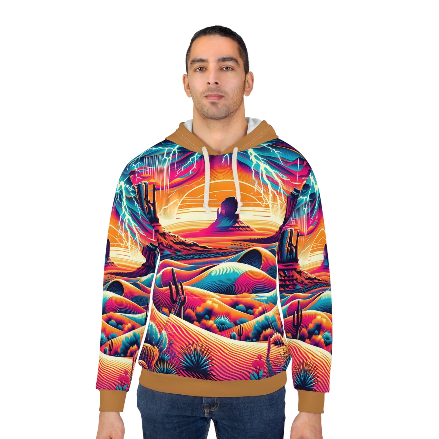 Desert-Inspired Hoodie with Psychedelic Sunset and Abstract Patterns
