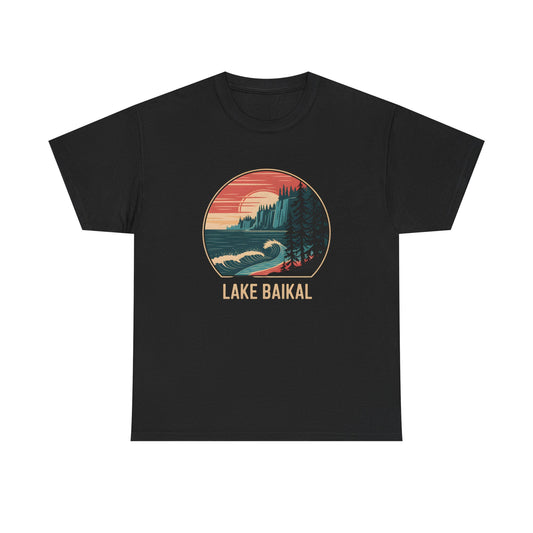 Lake Baikal Map T-Shirt Contour Lake Graphic Black Short Sleeve