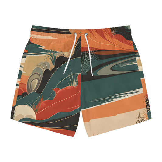 Volcanic Drift Swim Trunks Men’s Quick Dry Beach Shorts Summer Retro Surf Print