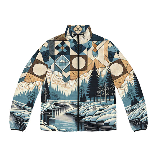 Men's Geometric Winter Puffer Jacket - Snowy River Landscape Full-Zip Ski, Hike & Apres Coat
