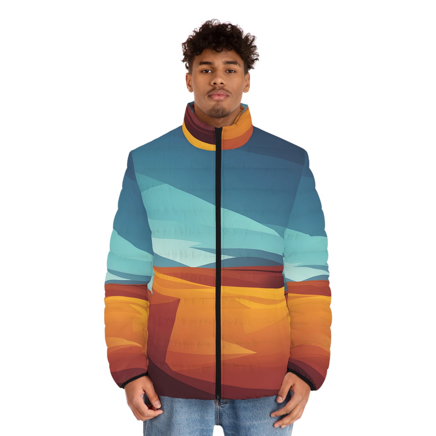 Puffer Jacket for Outdoor Adventures in Horizon Lines Artwork Design Warm Winter