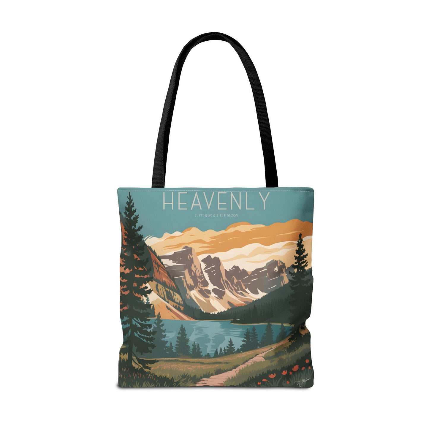 Heavenly All Over Print Tote Bag Mountain Lake Retro Nature Art Casual Apparel