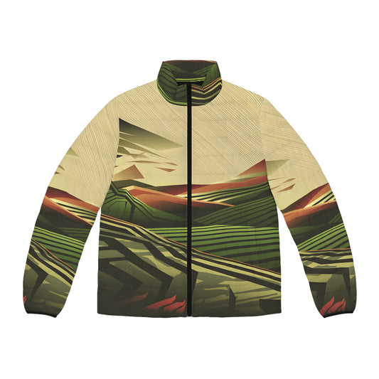 Structured Horizon Puffer Jacket Men’s Outdoor Wear Warm Zip Nature Art Design
