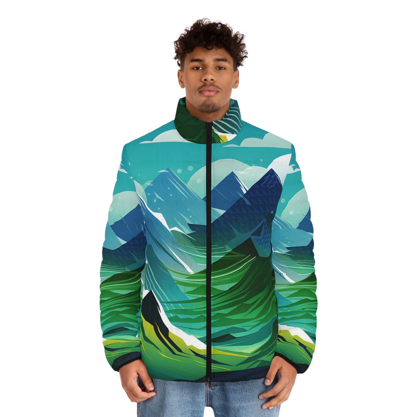 Crisp Edge Puffer Jacket All Over Print Mountain Graphic Outdoor Lightweight