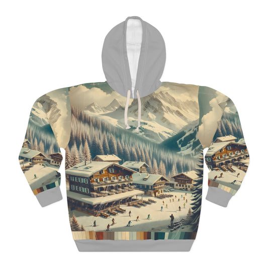 Vintage Ski Town Resort Hoodie with All-Over Mountain Print Design