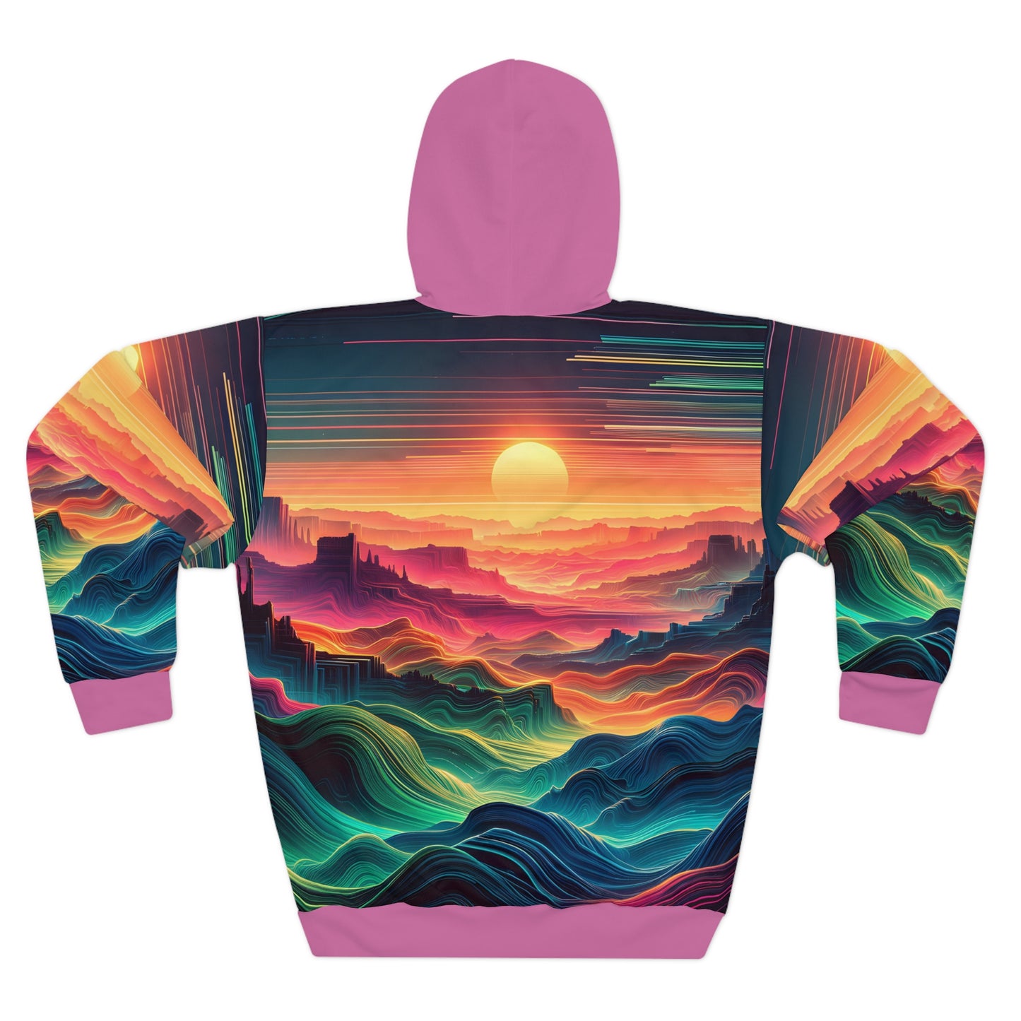 Desert-Inspired Hoodie with Psychedelic Sunset and Vibrant Patterns