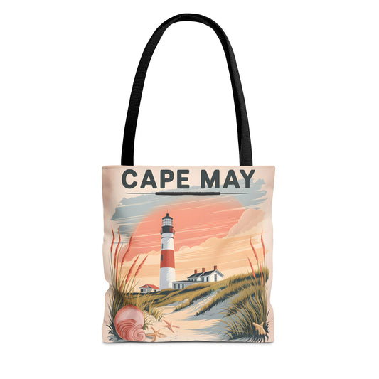 Cape May Vintage Tote Bag Lighthouse Beach Design All Over Print Gift Apparel