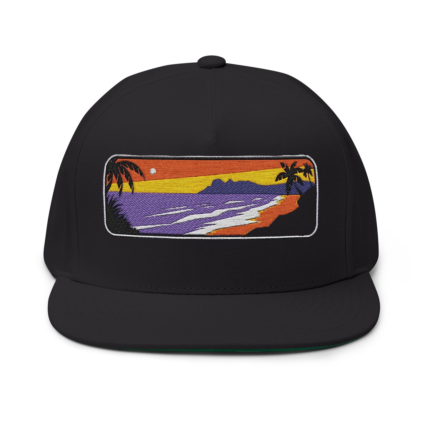 Ocean Beach Flat Bill Hat with Sunset and Palm Trees Design Cap