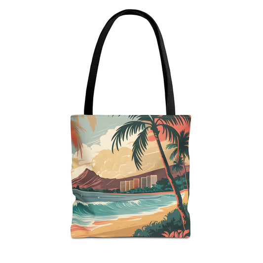 Waikiki Tropical Beach Tote Bag All Over Print Palm Trees Ocean View Summer