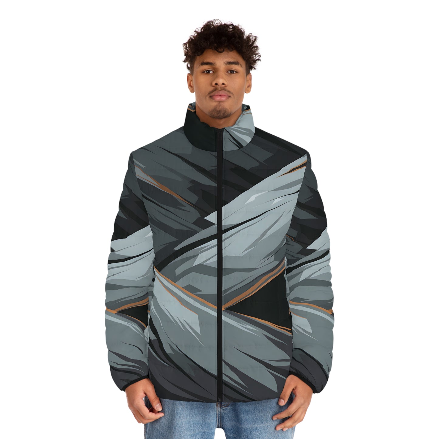 Slate Geometry Puffer Jacket Stylish Outdoor Warm Lightweight Unisex Full Zip