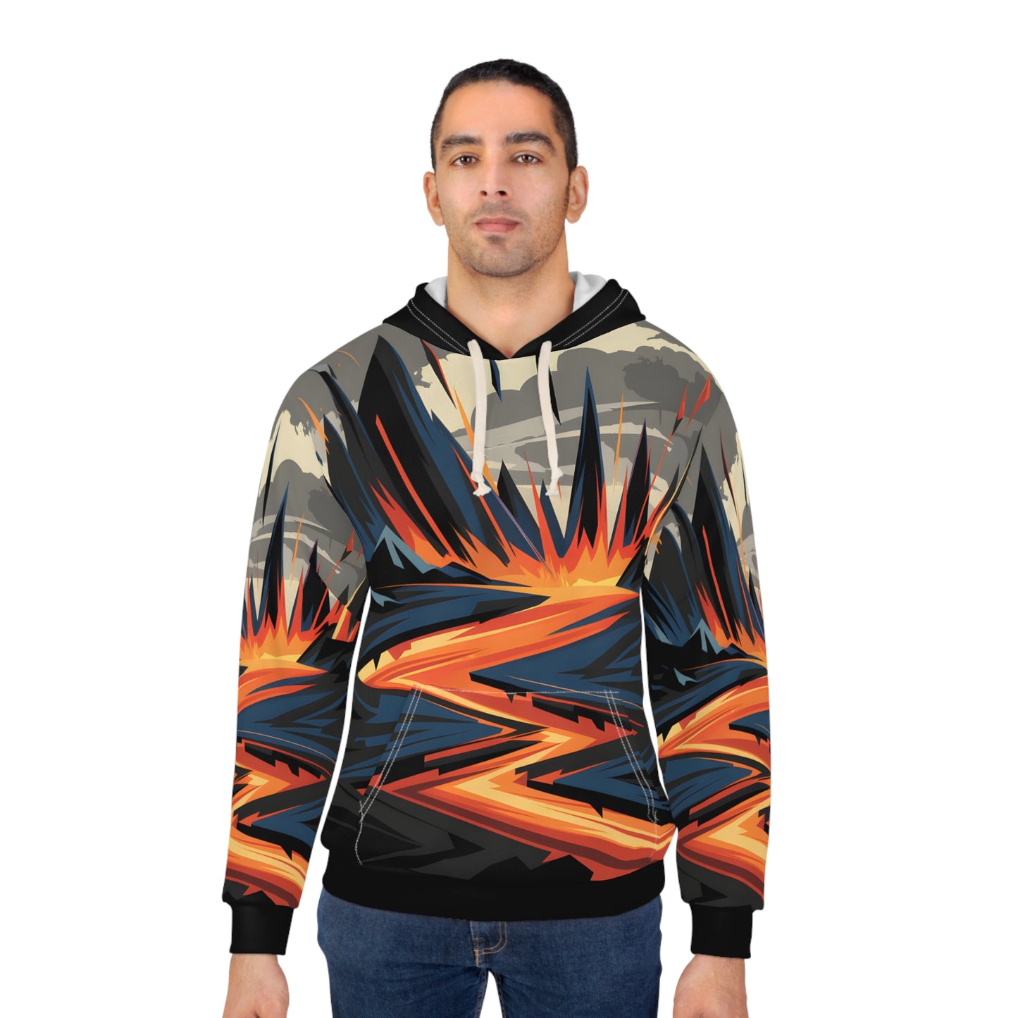 Obsidian Flare All Over Print Pullover Hoodie for Adventure Travel Enthusiasts