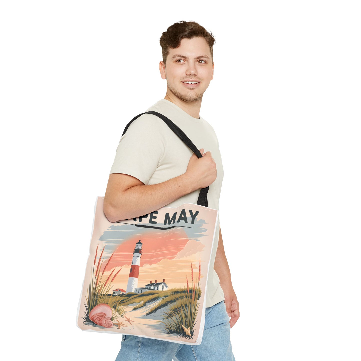Cape May Vintage Tote Bag Lighthouse Beach Design All Over Print Gift Apparel