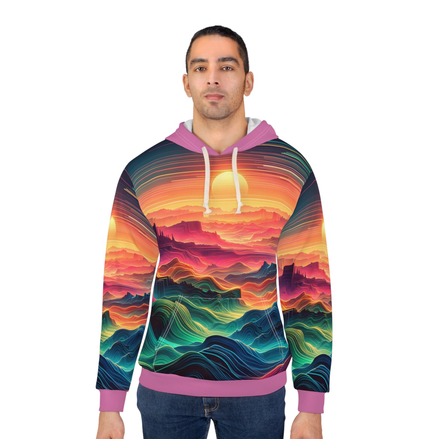 Desert-Inspired Hoodie with Psychedelic Sunset and Vibrant Patterns