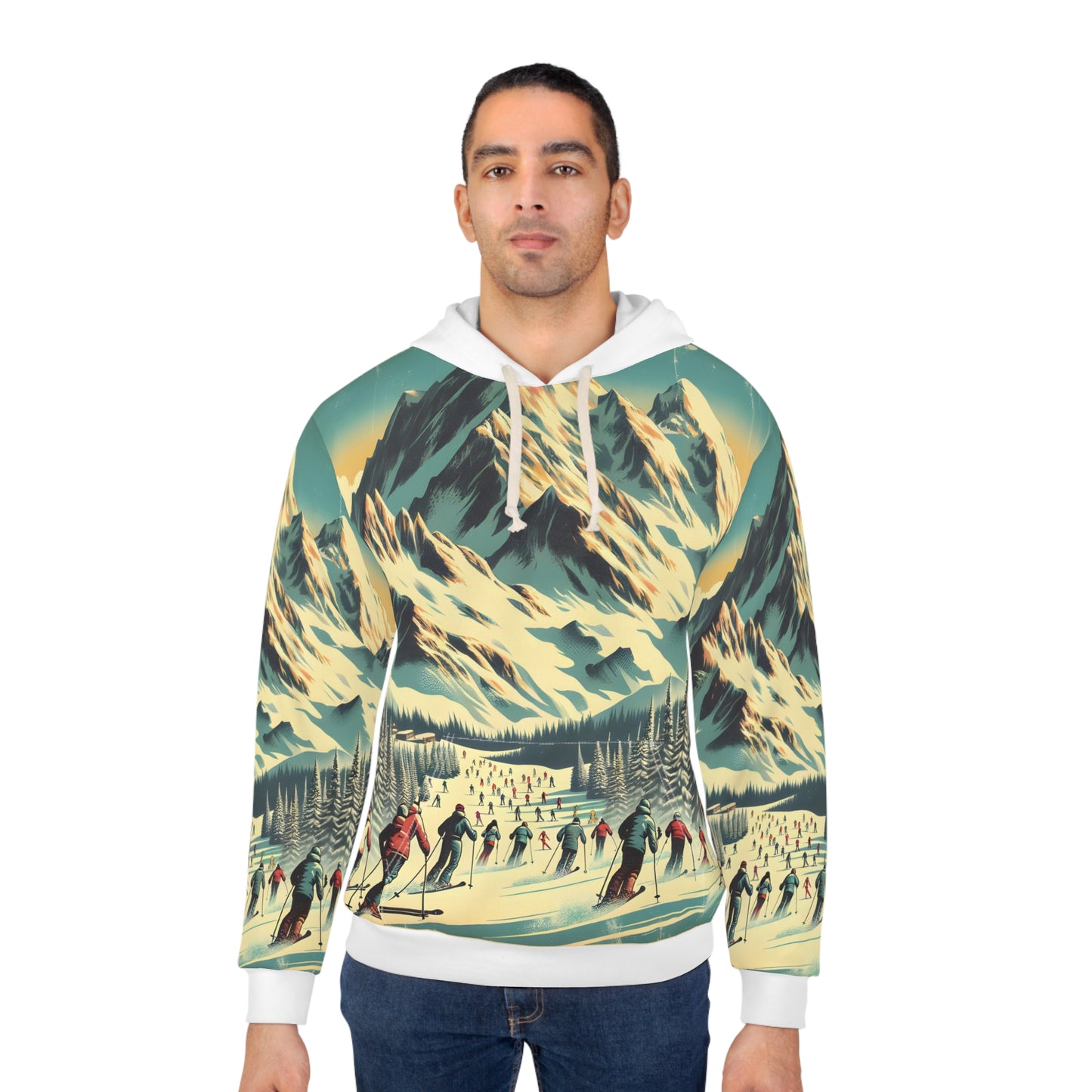 Retro Ski Hoodie All Over Print Mountain Snow Scene Winter Sports Pullover