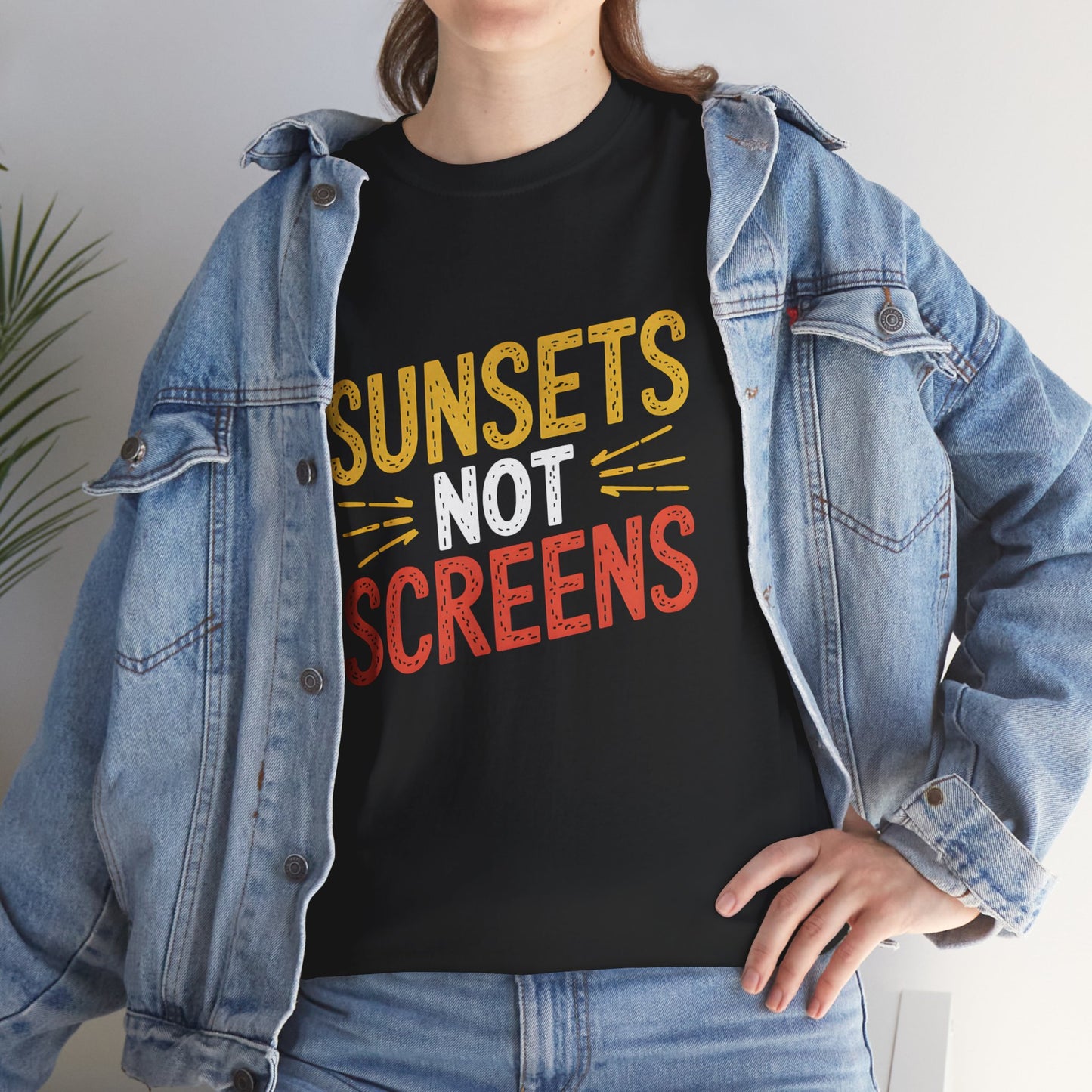 Sunsets Not Screens T-Shirt Eco Friendly Graphic Tee Outdoor Apparel Casual