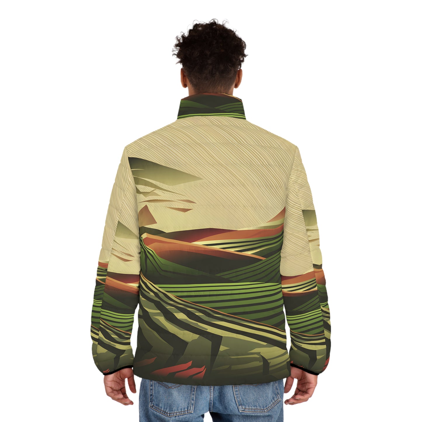 Structured Horizon Puffer Jacket Men’s Outdoor Wear Warm Zip Nature Art Design