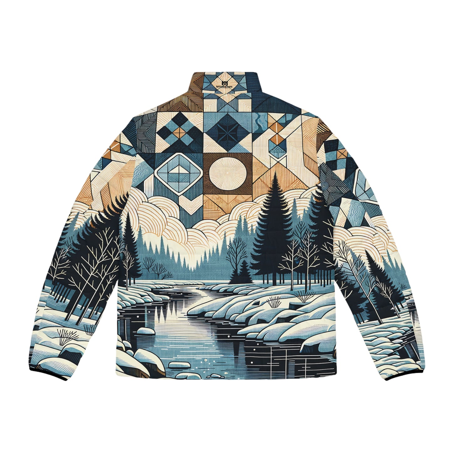 Men's Geometric Winter Puffer Jacket - Snowy River Landscape Full-Zip Ski, Hike & Apres Coat