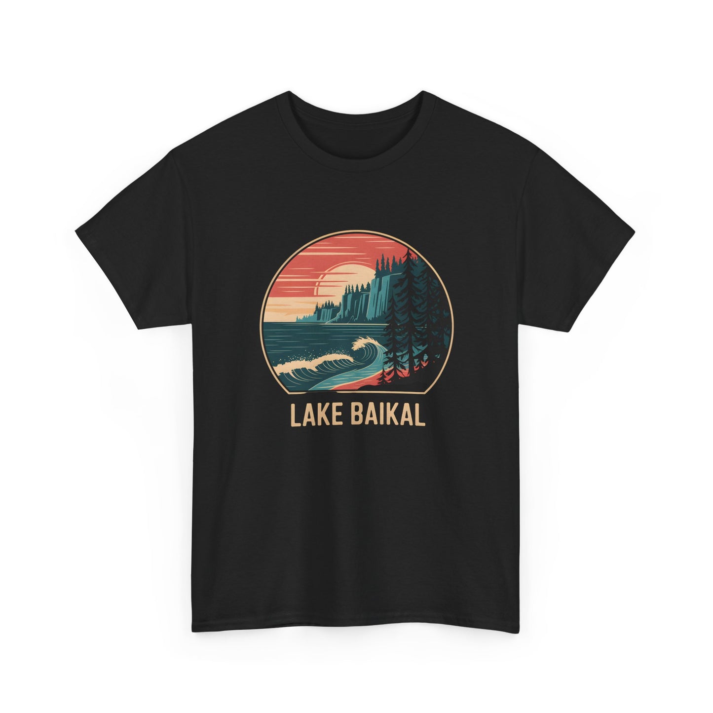 Lake Baikal Map T-Shirt Contour Lake Graphic Black Short Sleeve