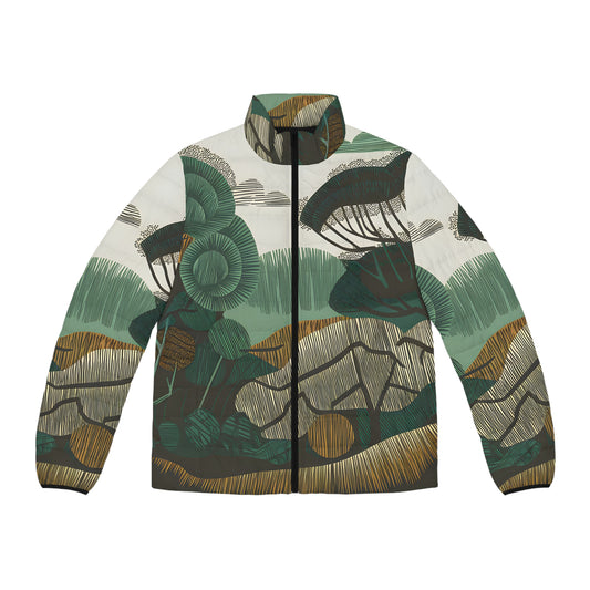 Dot Forest Design Puffer Jacket for Outdoor Adventure Stylish Winter Full Zip