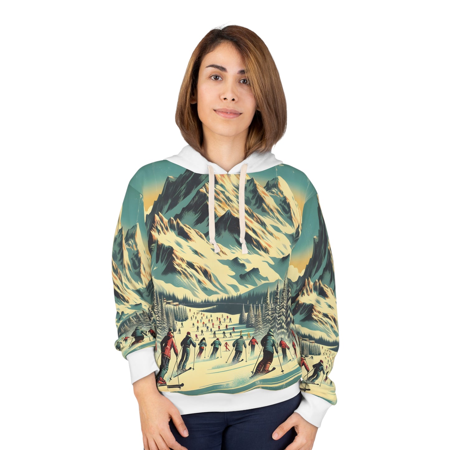 Retro Ski Hoodie All Over Print Mountain Snow Scene Winter Sports Pullover