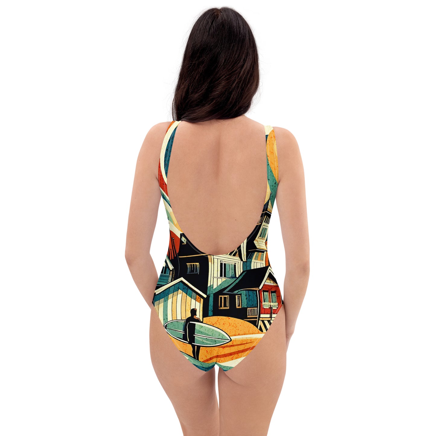 Coastal Retreat One-Piece Swimsuit: Vibrant Beach House Print