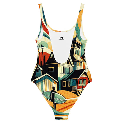 Coastal Retreat One-Piece Swimsuit: Vibrant Beach House Print